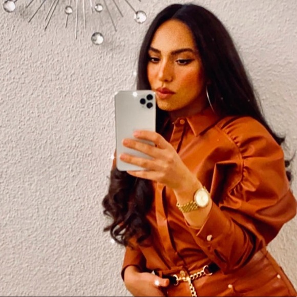 ZARA blogger tan leather puff sleeve button shirt - Picture 5 of 6